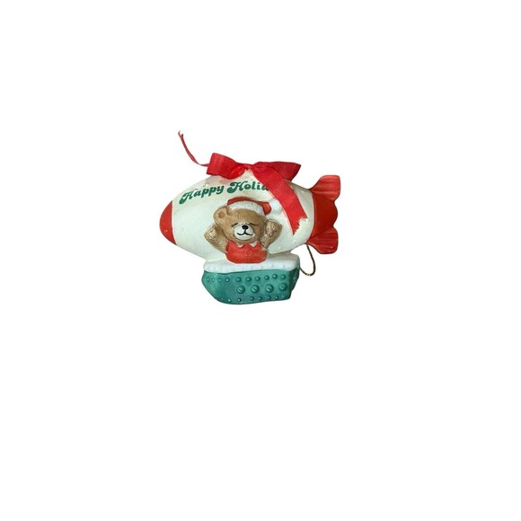 Vintage Christmas Ornament Blimp Teddy Bear Happy Holidays Red Green Retro Cute - Picture 10 of 14